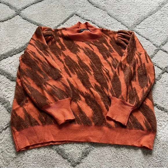 ELOQUI Intarsia Mock Neck Sweater orange brown  puff sleeve 26 / 28 - Picture 10 of 13